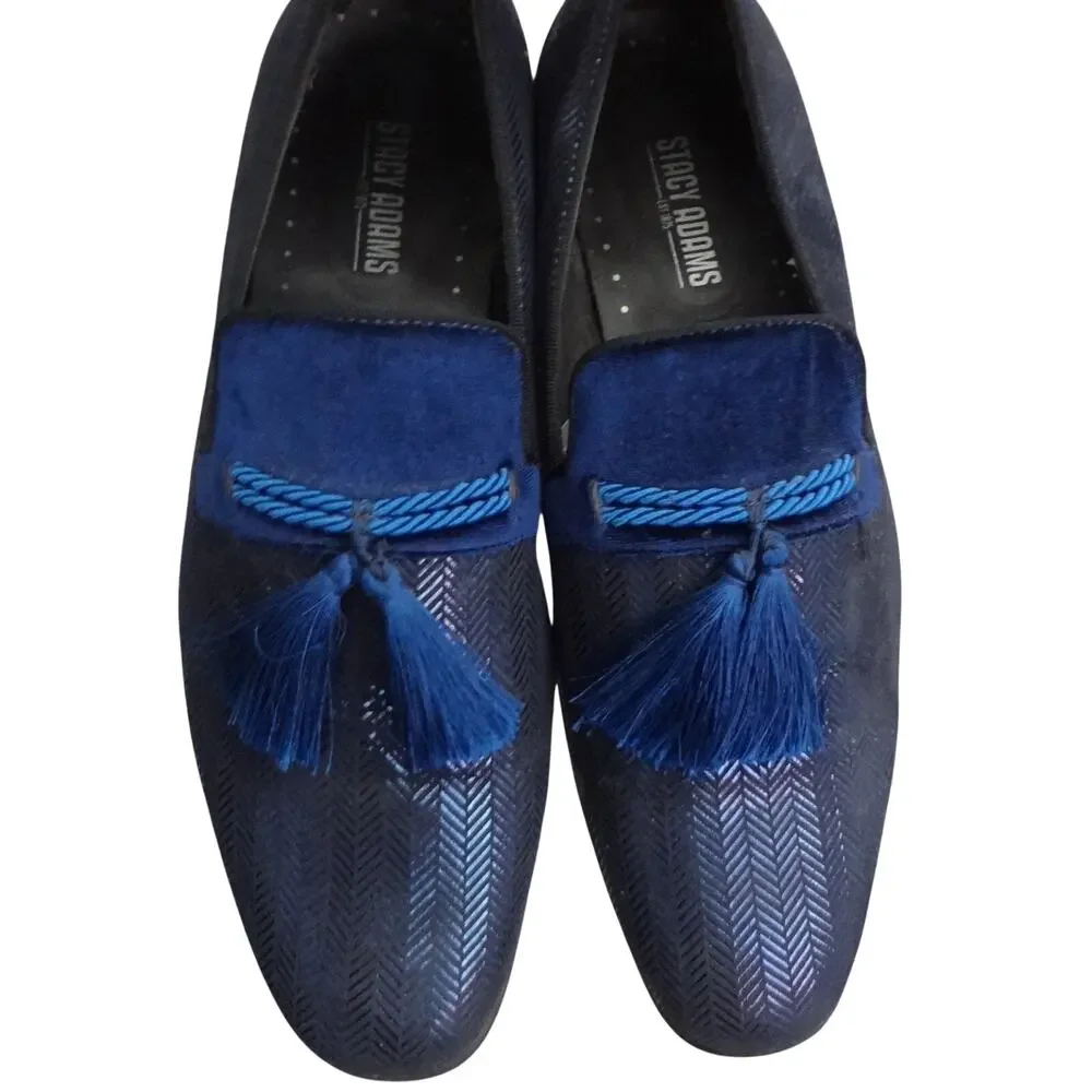Stacy Adams Sonata Navy Blue Loafers Tassel Dress Shoes Chevron Mens 9